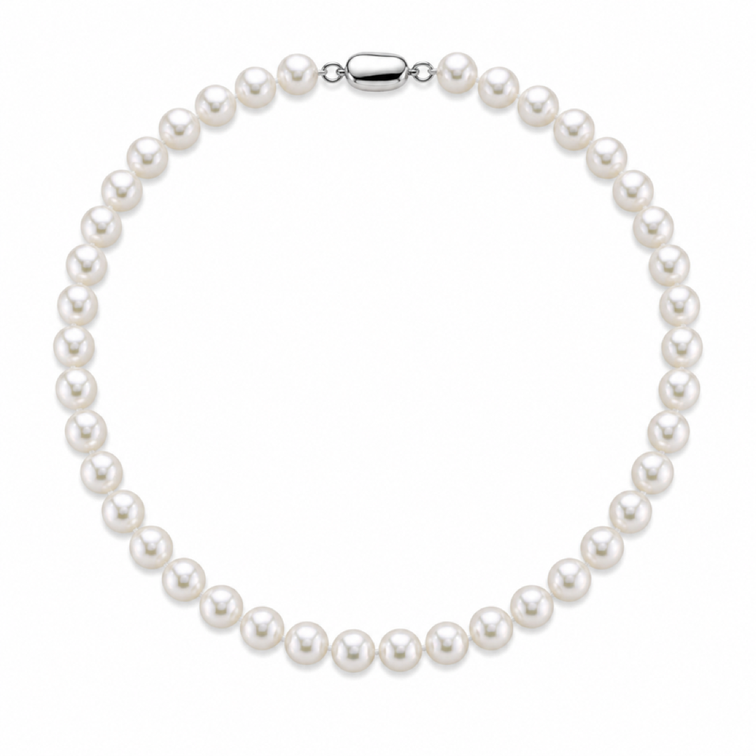 White freshwater pearl necklace with uniform round pearls, no visible clasp