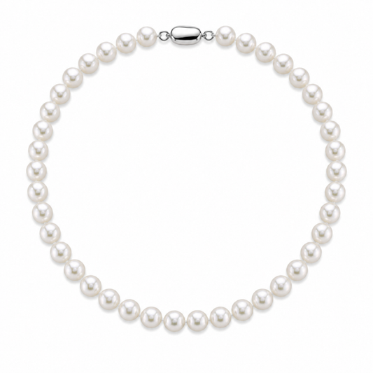 White freshwater pearl necklace with uniform round pearls, no visible clasp