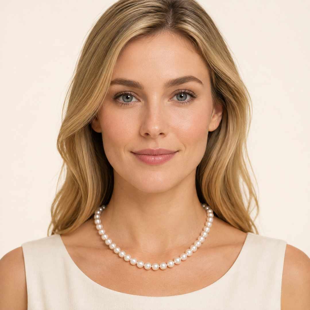 White freshwater pearl necklace on model's neckline, small round pearls in a row