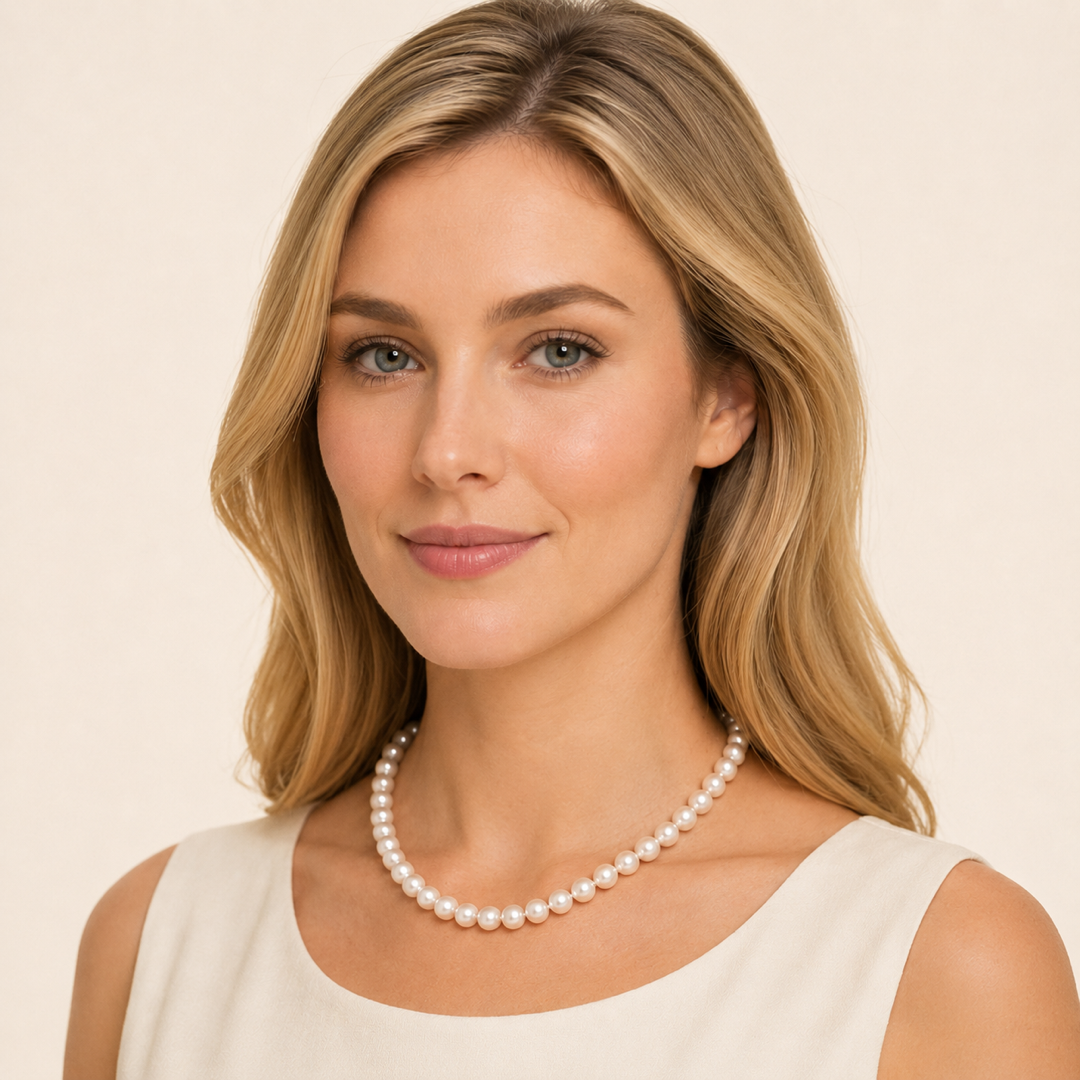 White freshwater pearl necklace on model, evenly spaced round pearls with bright luster