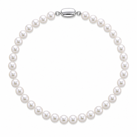 White freshwater pearl necklace with oval silver clasp, single strand