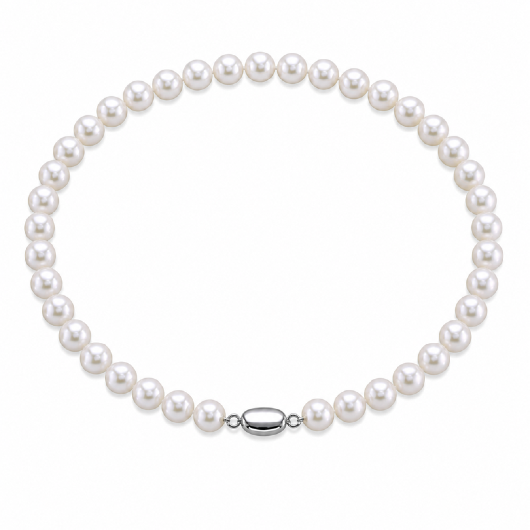 White freshwater pearl necklace, single strand with oval clasp at center front