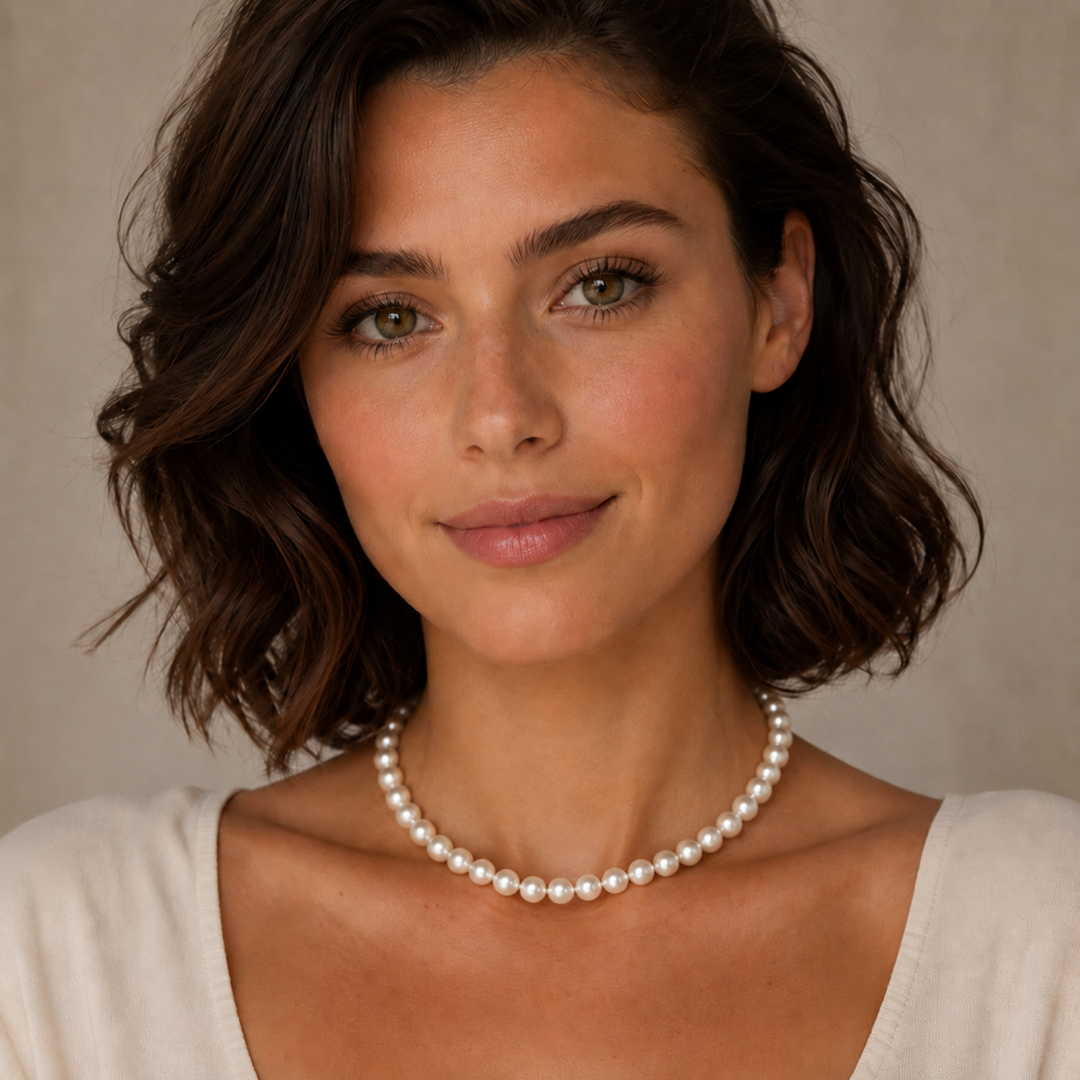 White freshwater pearl necklace, small round pearls with smooth neckline drape