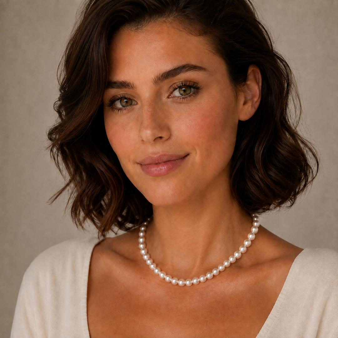 White freshwater pearl necklace with uniform round pearls and close choker fit