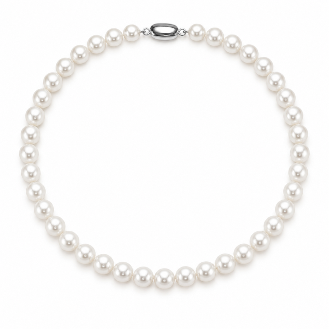 White freshwater pearl necklace with round pearls and oval silver clasp at top