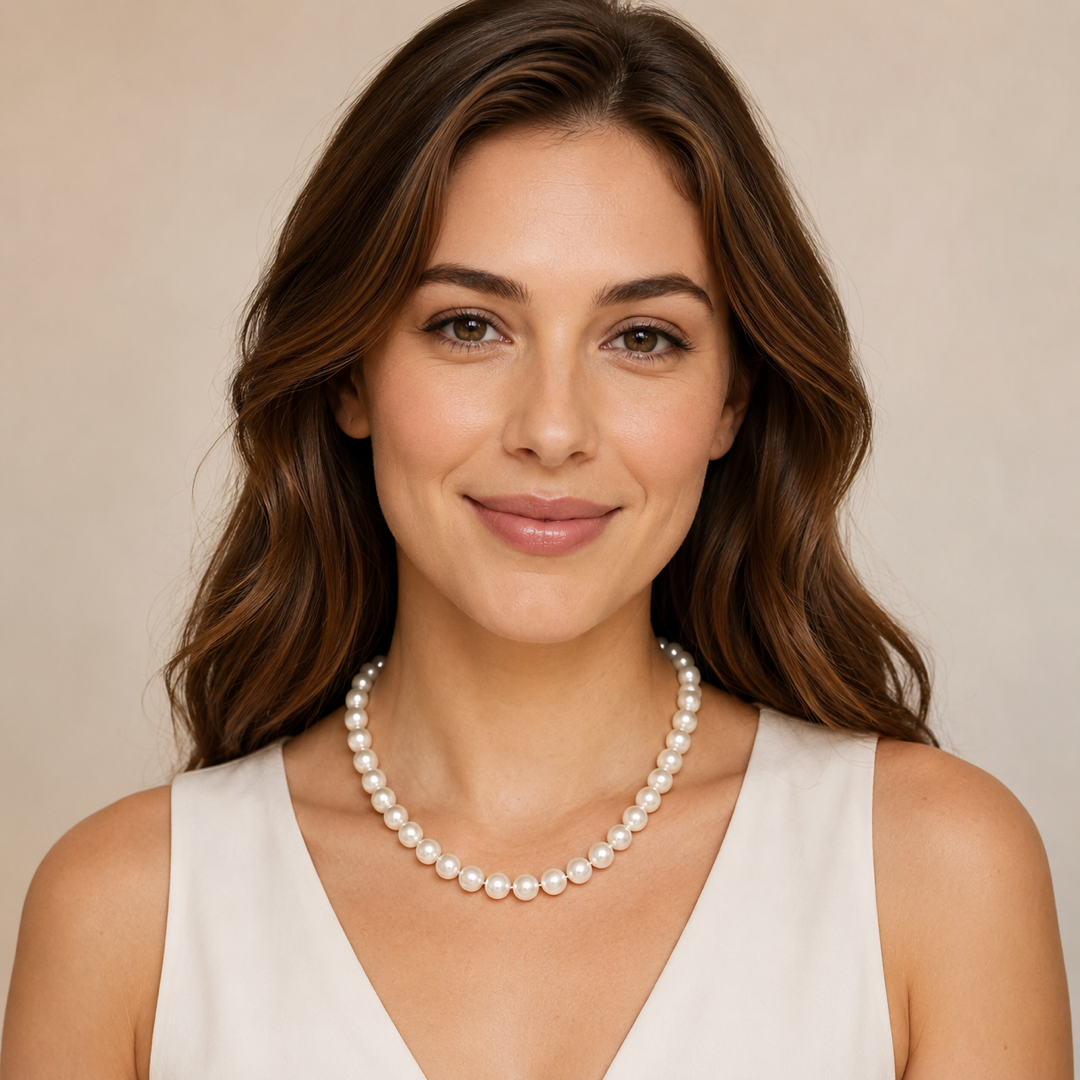 White freshwater pearl necklace worn close to the neckline with oval silver clasp