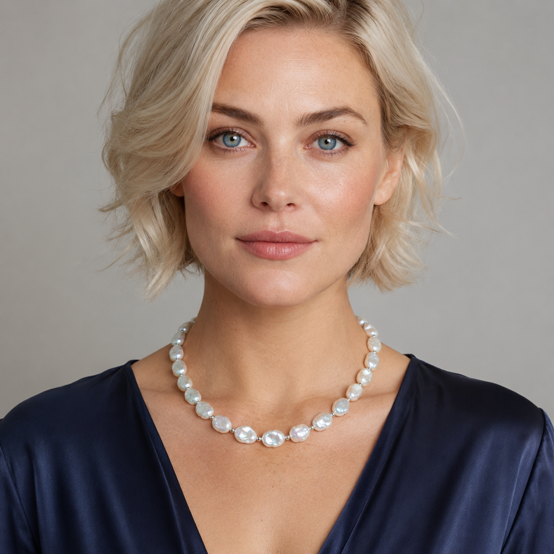 White keshi pearl necklace with silver chain and oval clasp, worn at collar.