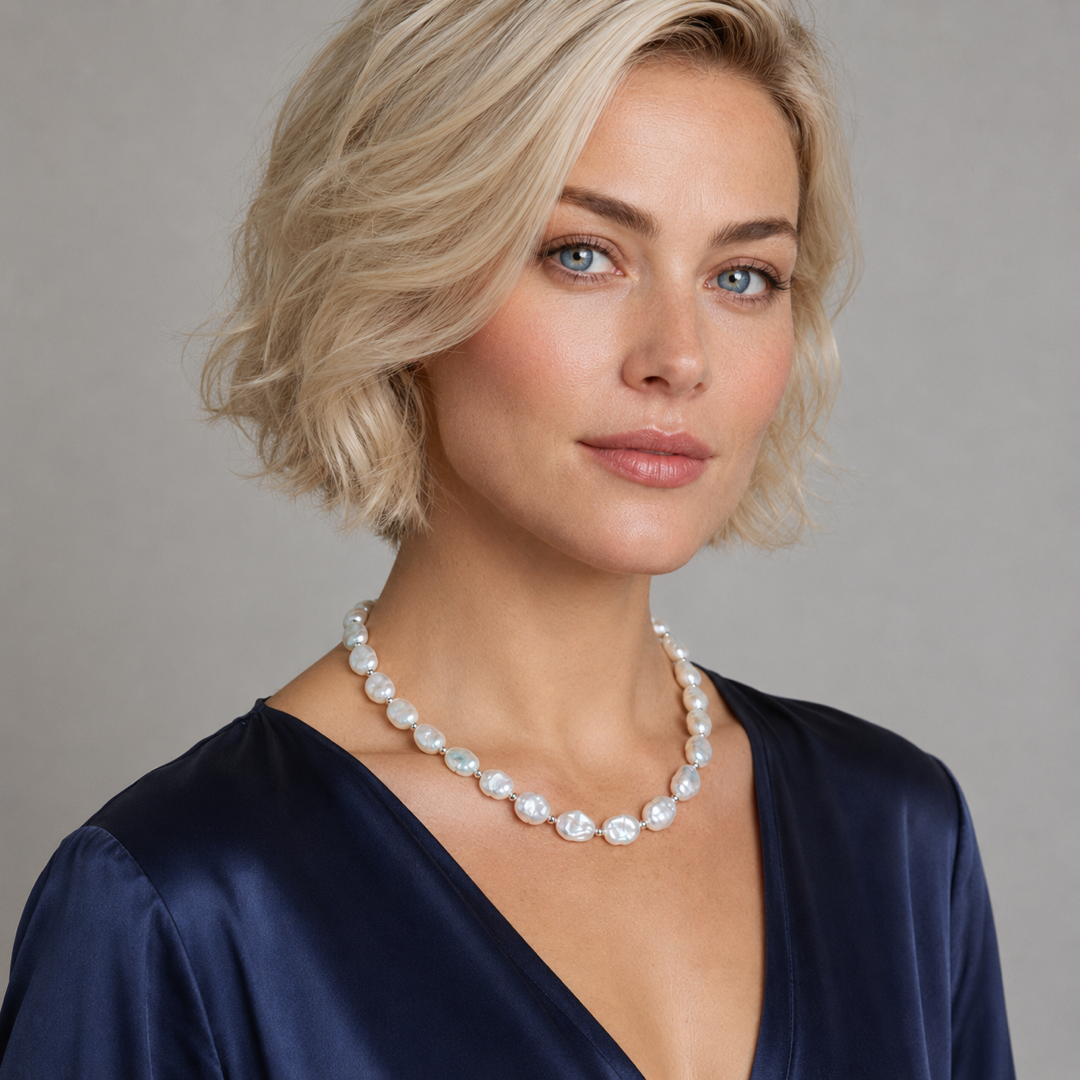 White keshi pearl necklace with silver chain and oval clasp, sitting on neckline.